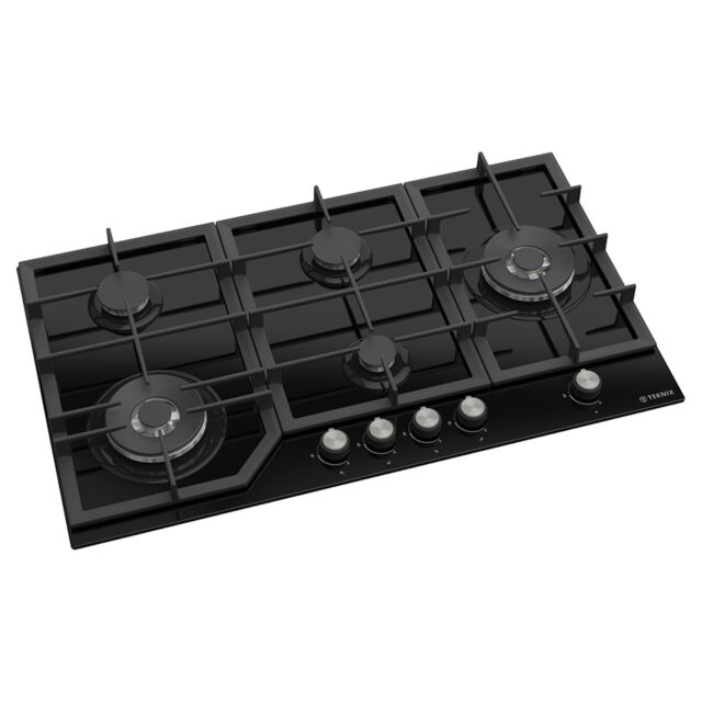 Teknix BITK290GH5B Gas Hob 5 Burner 90Cm Black Glass